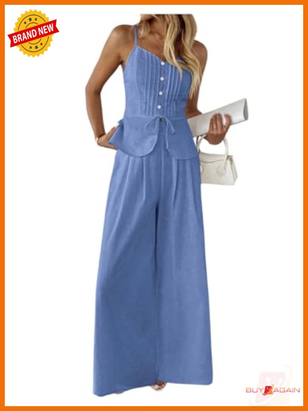 2 Piece Summer Outfit Button Down Peplum Cami Top and Wide Leg Pants Set
